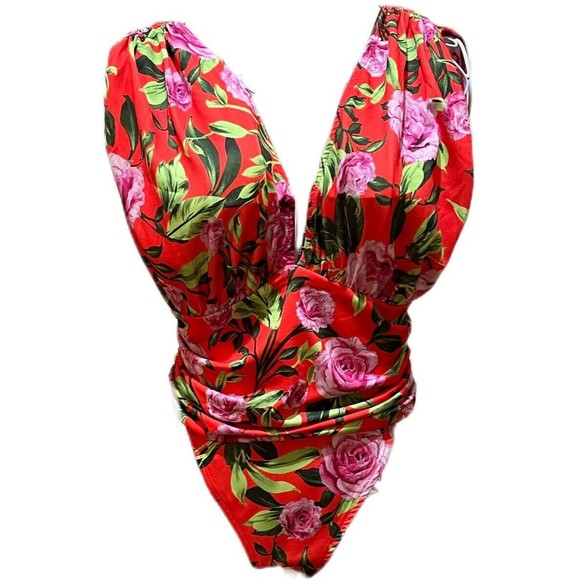 "Zara"Orange Pink Green Floral Flower Tropical Ruched Draped Bodysuit Size M-NWT - Picture 1 of 5